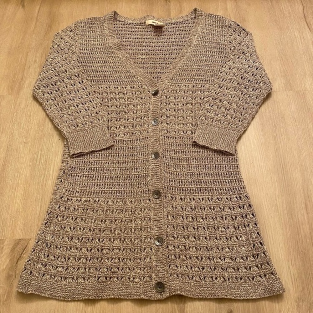DKNY Jeans Small Taupe Crochet Open Knit Long Cardigan Sweater Button Front